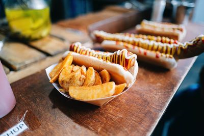 High angle view of fast food on table