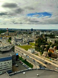 High angle view of cityscape against sky