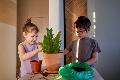 Side view of boy looking at potted plant at home