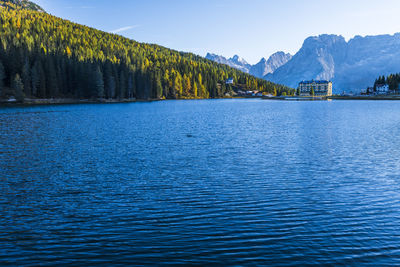 Magical reflections on the misurina lake. sunsets on the dolomites.