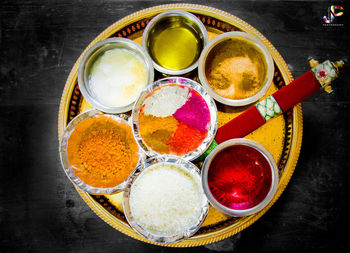 High angle view of various food on table