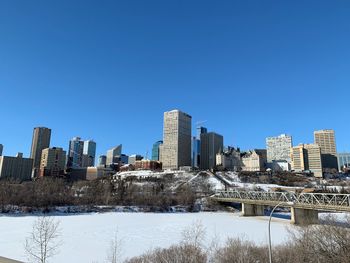 Modern buildings in city against clear sky