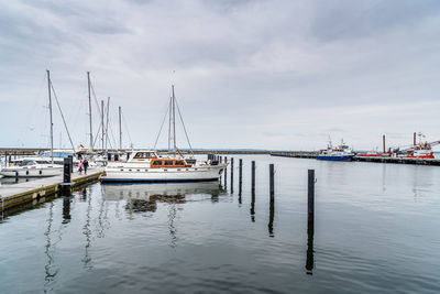 Scenic view of sailing boats moored in the harbour. sassnitz is a small town located in rugen island