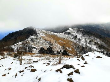 Scenic view of snow covered mountains against sky