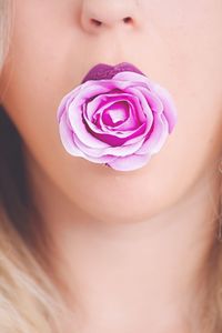 Cropped image of woman with purple rose in mouth