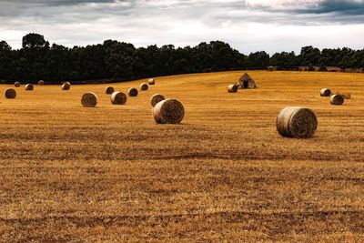 Hay bales on field against sky