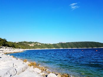 Scenic view of sea against clear blue sky