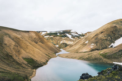 View of amazing landscape in iceland while trekking famous laugavegur trail