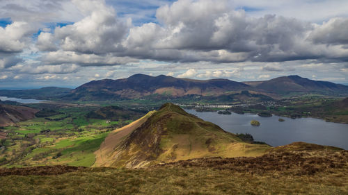 Scenic view of land and mountains against sky