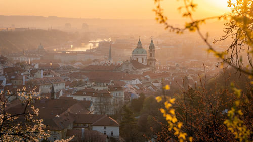 Scenic view of prague during sunrise in spring. towers of st. nicholas church seen from petrin hill