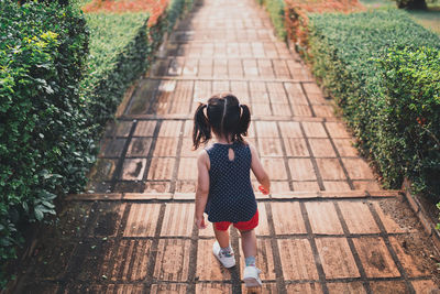 Rear view of woman walking on footpath