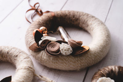 High angle view of shells on table