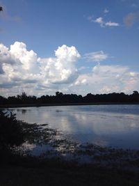 Scenic view of lake against cloudy sky