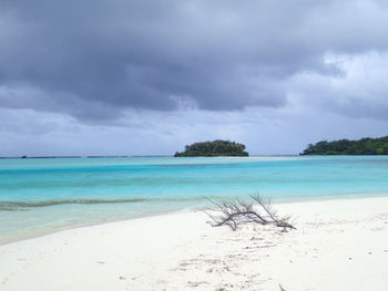 Scenic view of beach against cloudy sky