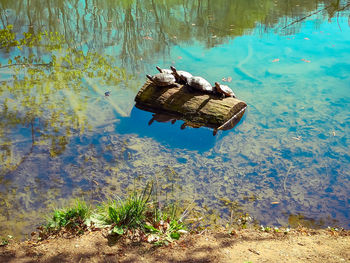 High angle view of abandoned boat in lake