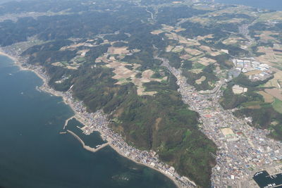 High angle view of land and sea