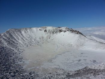 Scenic view of snowcapped mountains against clear blue sky