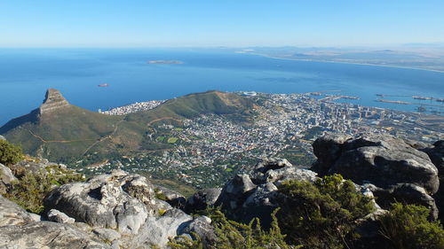 Scenic view of sea and mountains against clear blue sky