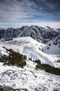 Scenic view of snow covered mountains against sky