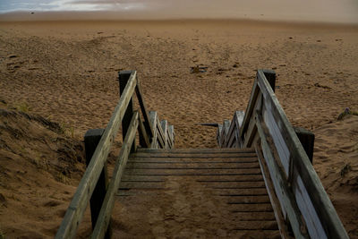 High angle view of staircase at beach against sky