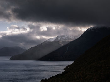 Scenic view of sea and mountains against sky