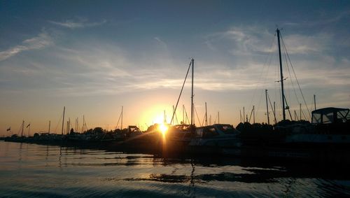 Sailboats in marina at sunset