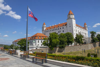 Low angle view of building against clear blue sky