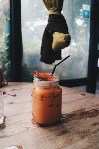 View of drink in glass jar on table