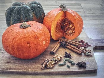 High angle view of pumpkins on table