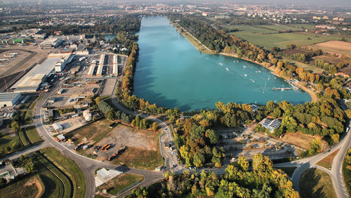 High angle view of river along city