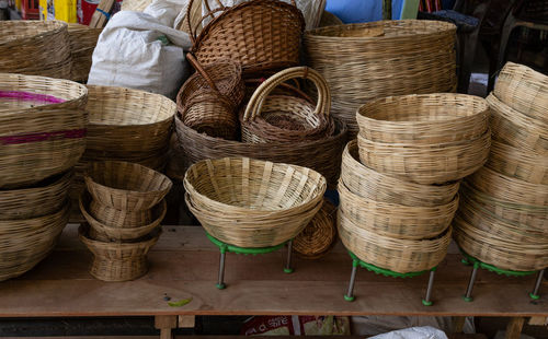 Traditional bamboo basket kept for sell on festival at outdoor from flat angle