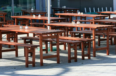 Empty chairs and tables in restaurant