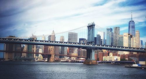Bridge over river with buildings in background