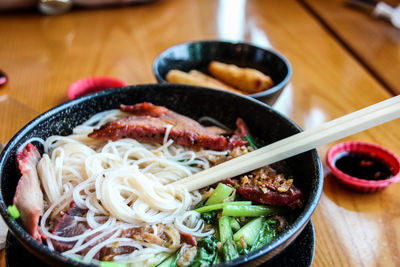 Close-up of noodles served in bowl