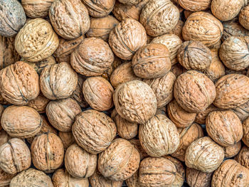 Pile of walnuts in shell shot from above