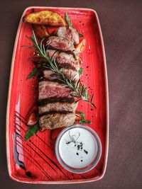 High angle view of food served on table