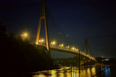 Suspension bridge over river at night