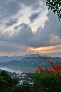 Scenic view of mountains against sky during sunset