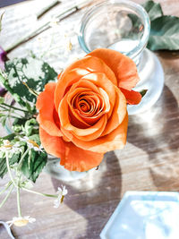 High angle view of rose bouquet on table