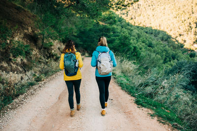 Rear view of women running on road in forest