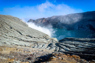 Smoke emitting from ijen cratert volcanic mountain against sky