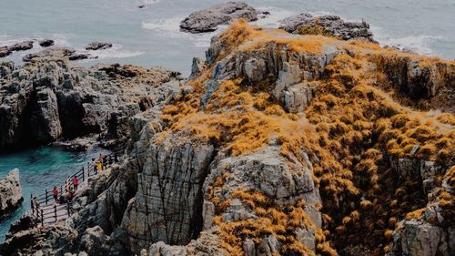 High angle view of rocks on sea shore