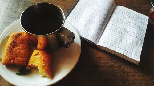 High angle view of breakfast on table