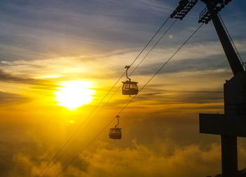 Low angle view of overhead cable car against sky during sunset
