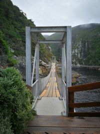 View of footbridge in forest against sky