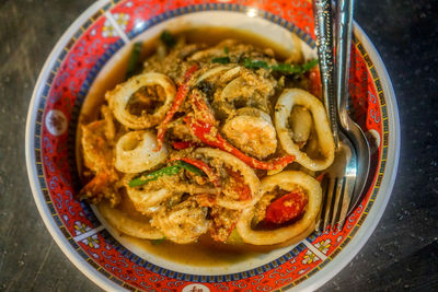 High angle view of noodles in bowl on table