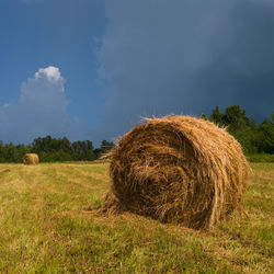 Hay bales on field against sky