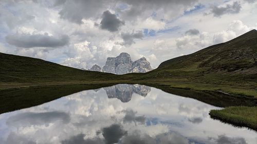 Scenic view of lake and mountains against sky