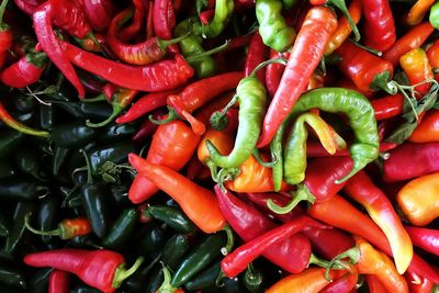 Full frame shot of red chili peppers for sale at market