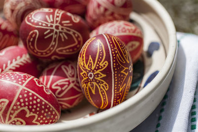 Close-up of easter eggs in bowl